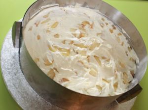 Monstertorte Schritt 3: dunkler Tortenboden wird mit Füllung bestrichen